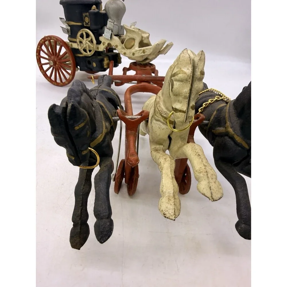 Vintage Cast Iron 3 Horse Drawn Fire Red Wagon Steam Pumper Toy